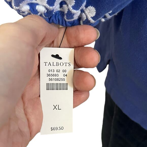 Talbots Cotton Eyelet Embroidered Tshirt XL Blue 3/4 Sleeve Boat Neck Classic - Picture 5 of 9